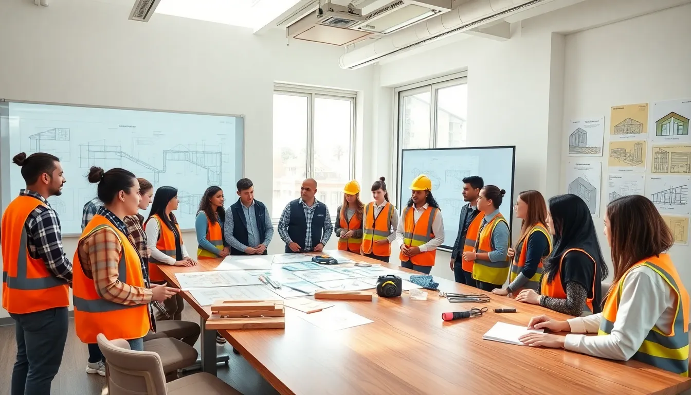 students engaged in a building construction course in a modern classroom.