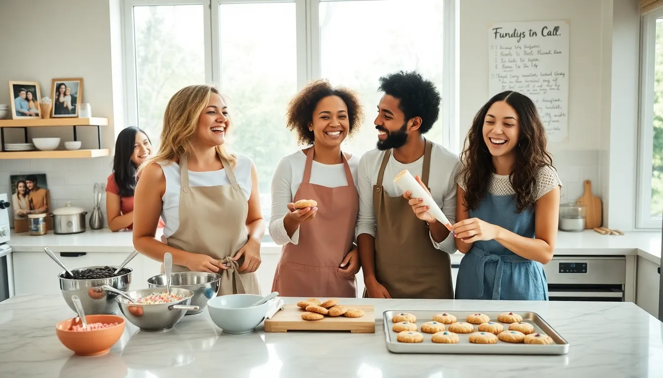 friends joyfully baking cookies in a bright, modern kitchen.
