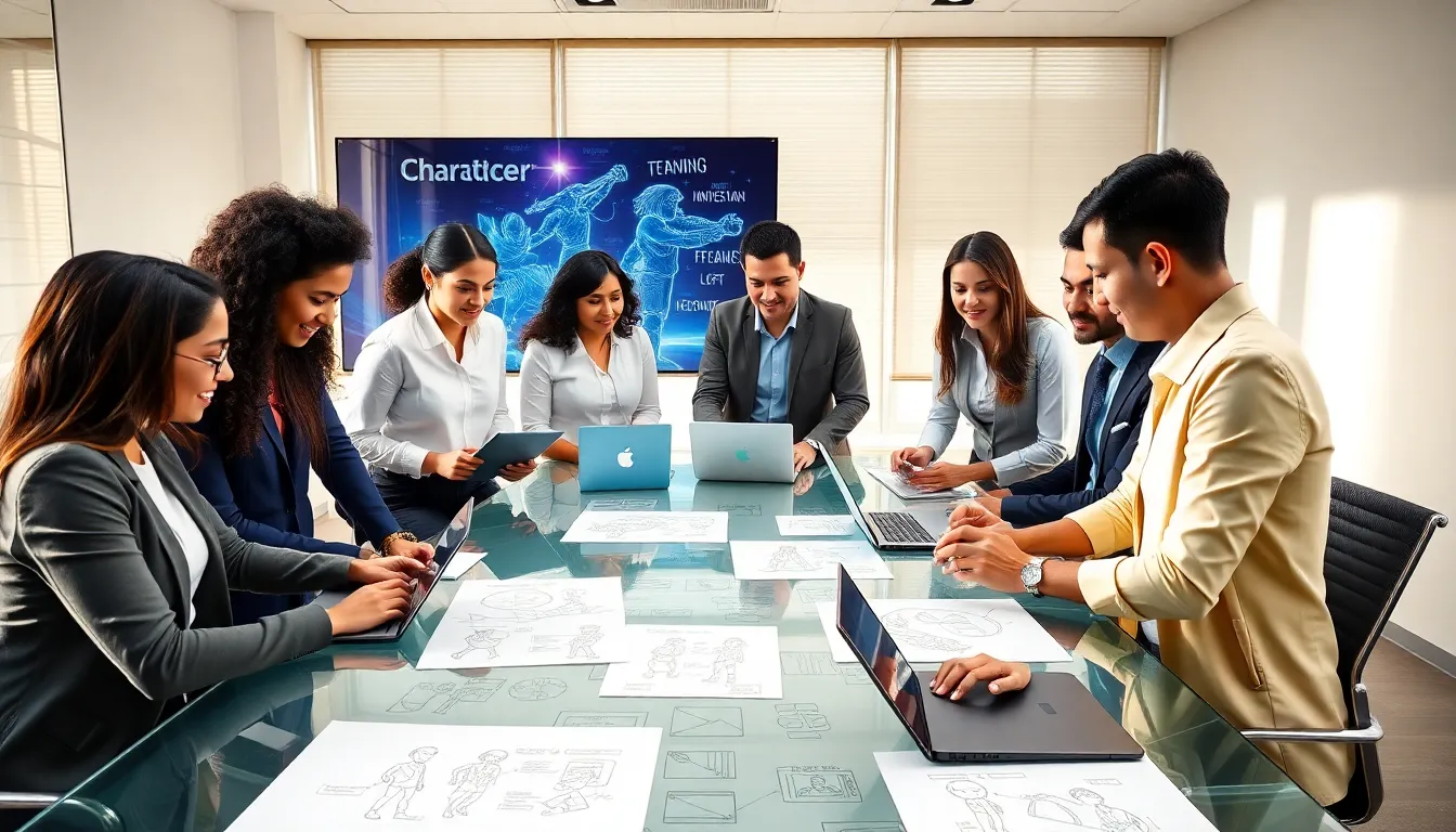 diverse team discussing game character creation in a modern office.