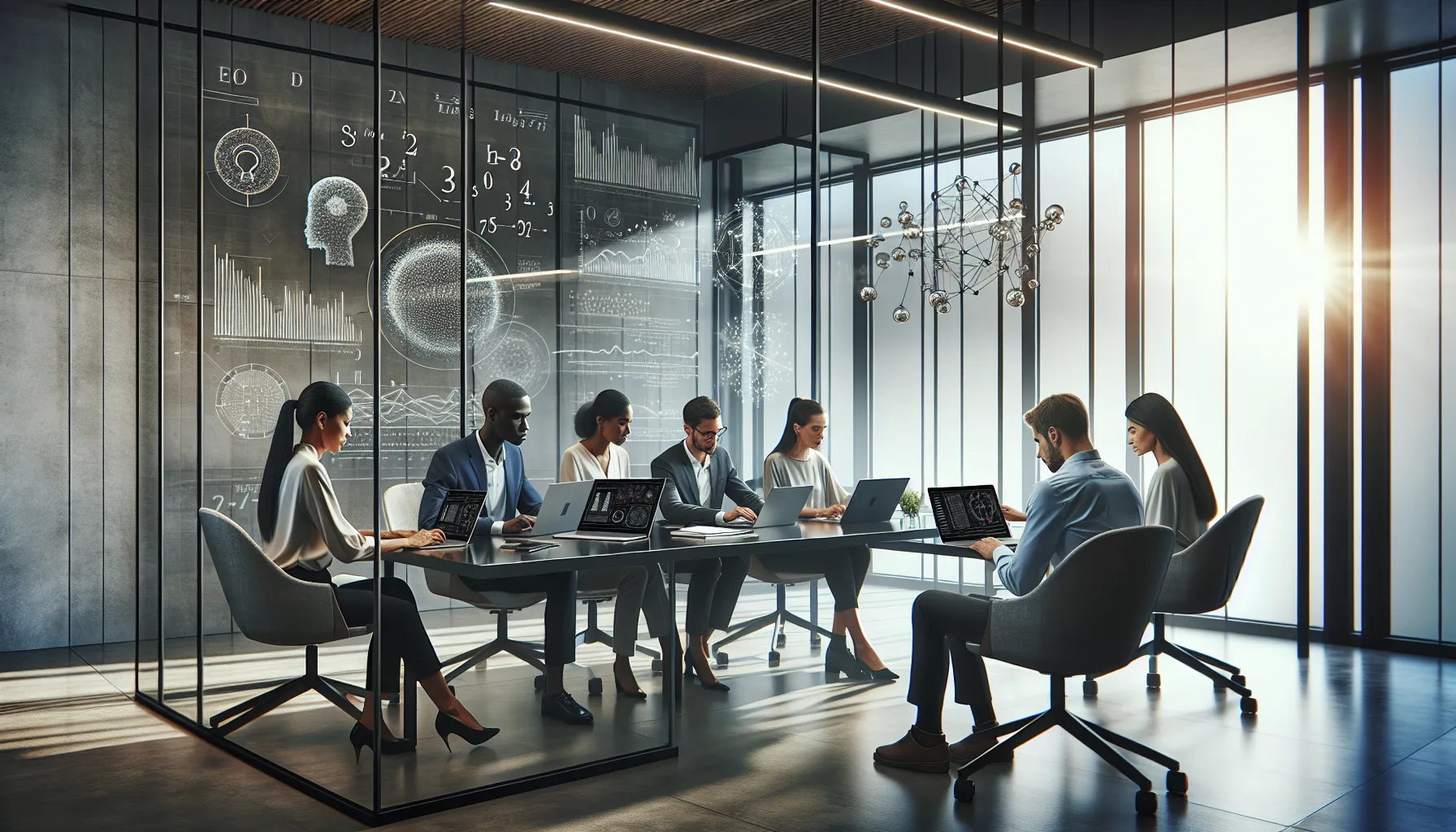 diverse team collaborating over data analysis in a modern office.