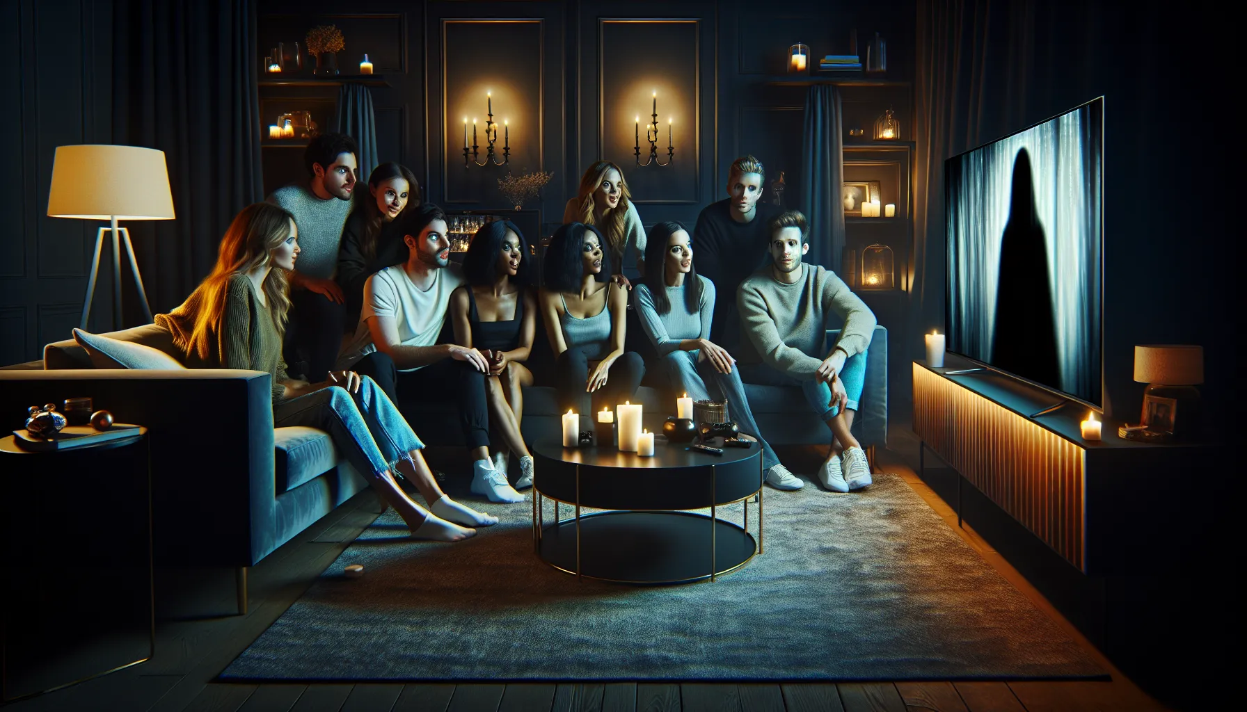 friends watching a scary paranormal movie in a cozy living room.