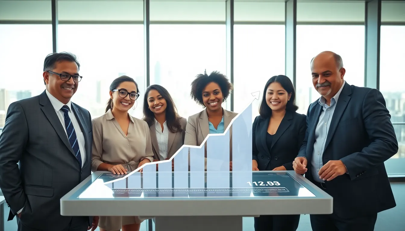 a diverse group of investors discussing real estate and jackpot growth.