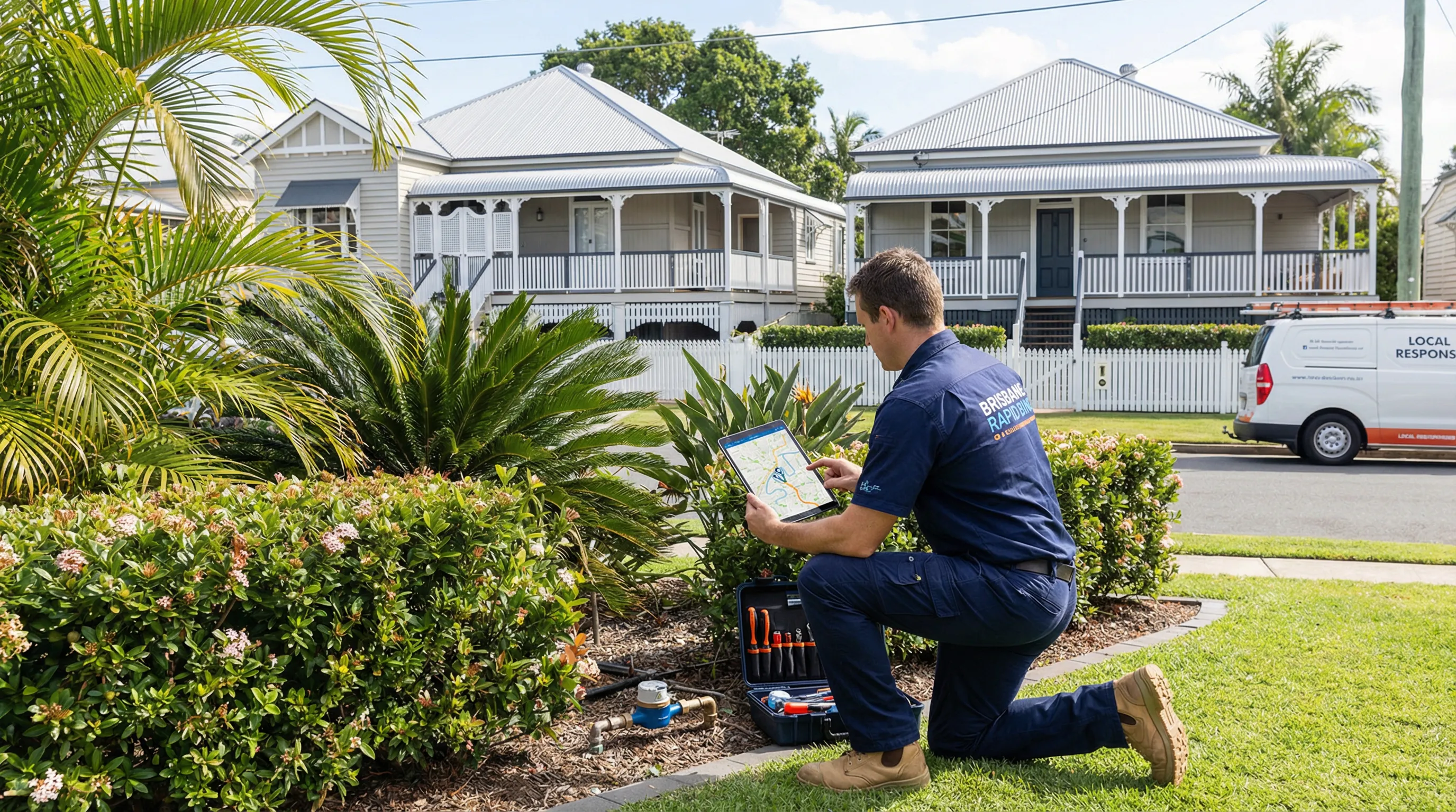 Professional plumber inspecting pipes outside a Brisbane home.