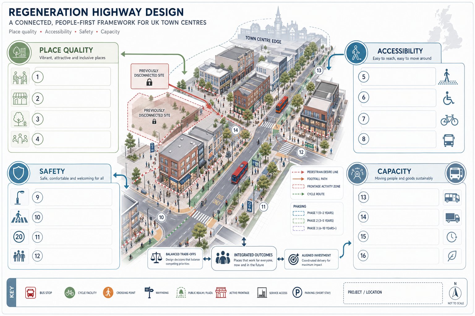 Infographic of a redesigned UK street balancing access, safety, place and capacity.
