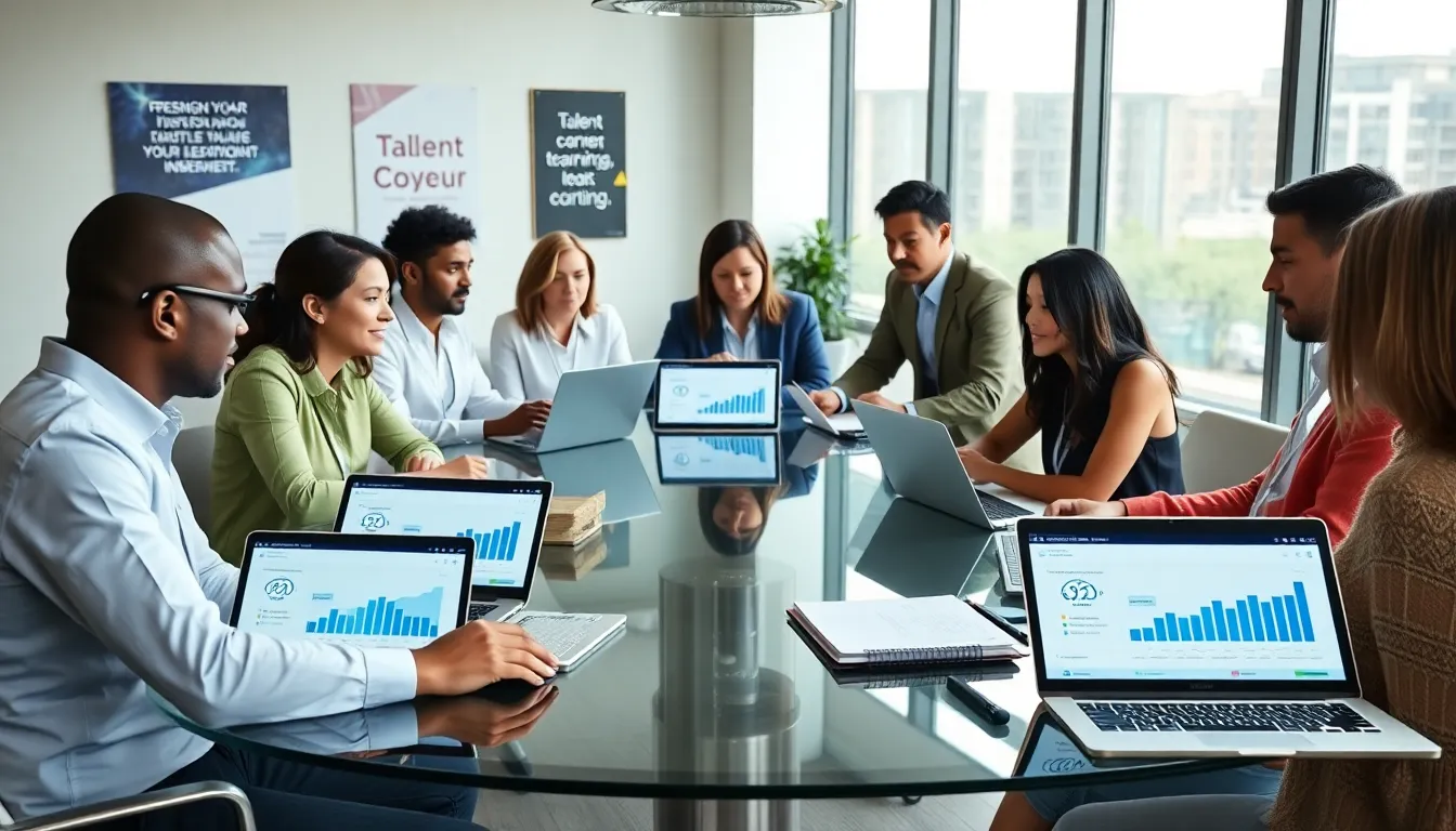 diverse team collaborating on talent development software in a modern office.
