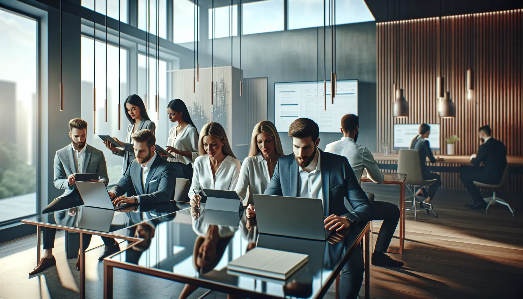 diverse team collaborating on laptops in a modern office setting.