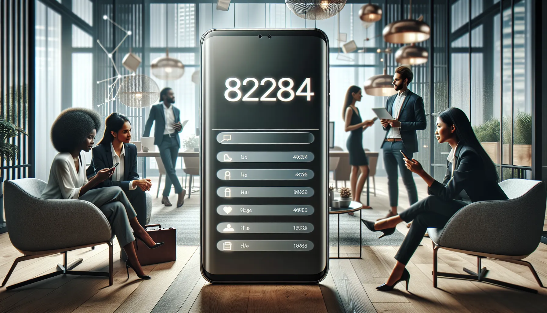 professionals discussing smartphone communications in a modern office.