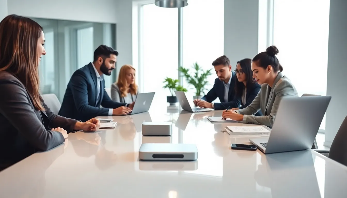 diverse team collaborating around the 2CRB9056 device in an office.
