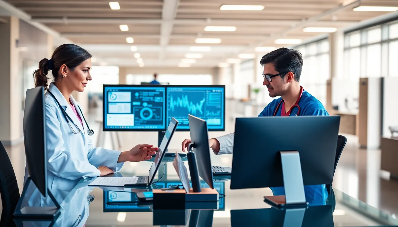 diverse healthcare professionals collaborating with advanced software in a modern office.