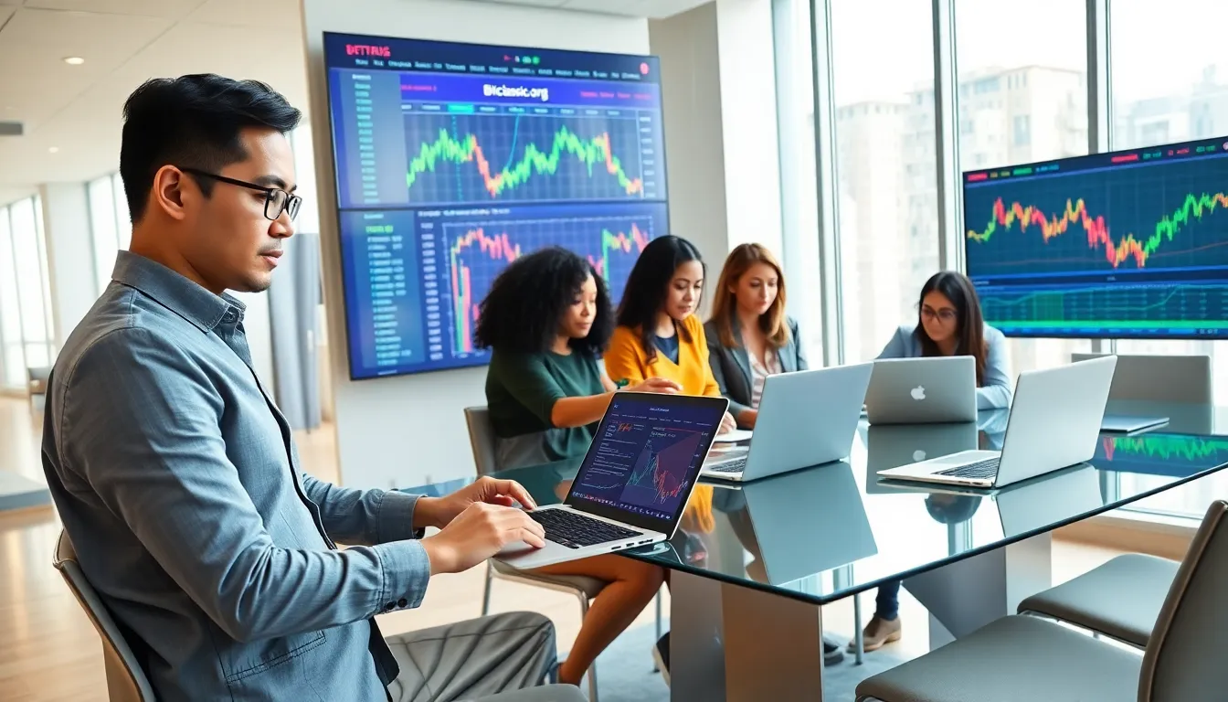 diverse team engaging with Bitclassic.org in a modern trading office.