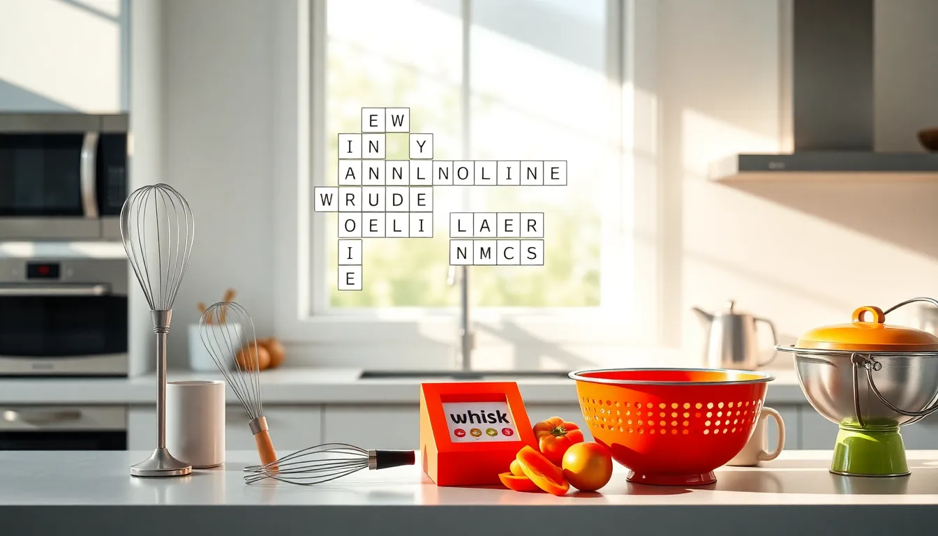 Crossword puzzle with kitchen gadgets illustrated on a modern countertop.