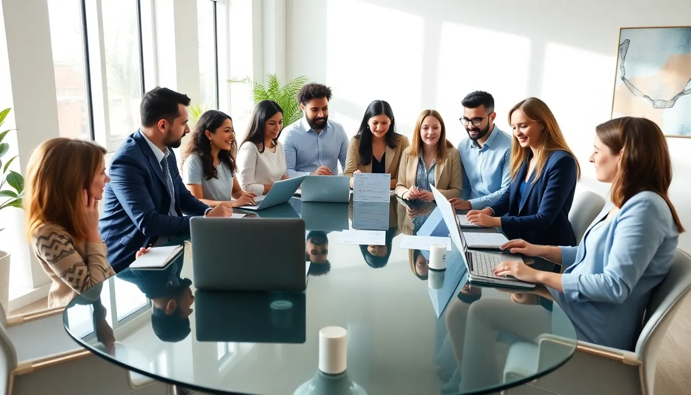 diverse professionals discussing productivity strategies in a bright office.