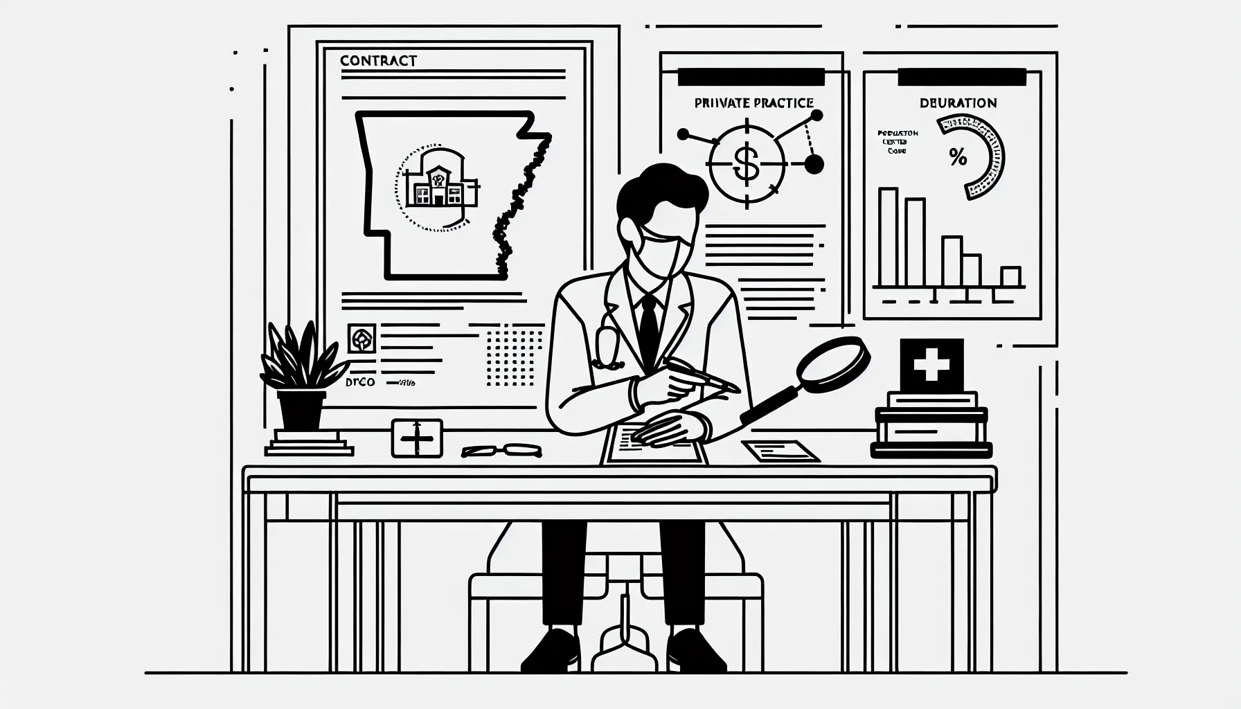 Dentist reviewing Arkansas dental contracts with map and magnified noncompete radius of Arkansas Dental Contract Review.