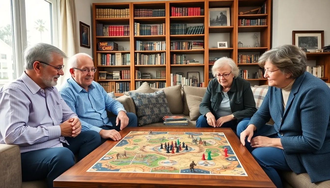 older adults enjoying a war game in a cozy living room.