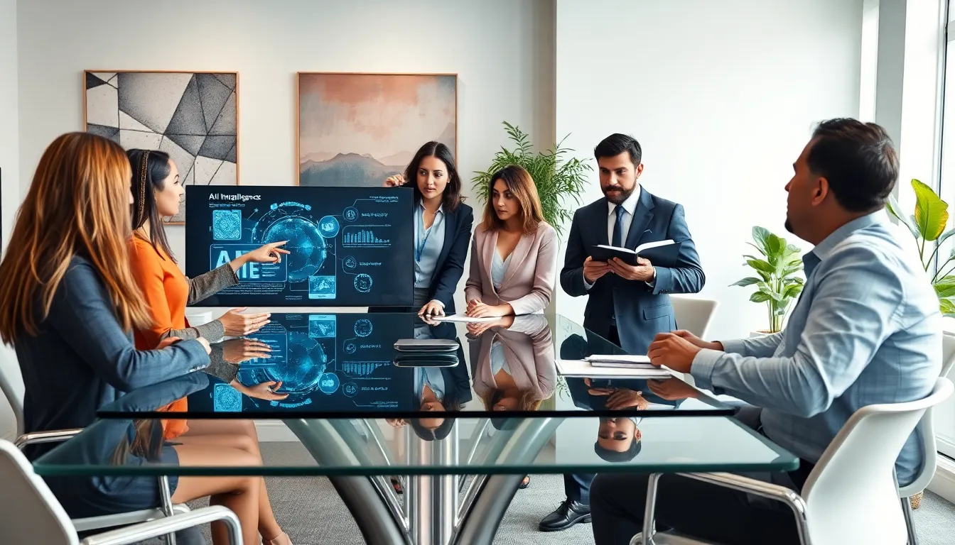 professionals discussing artificial intelligence in a modern office.