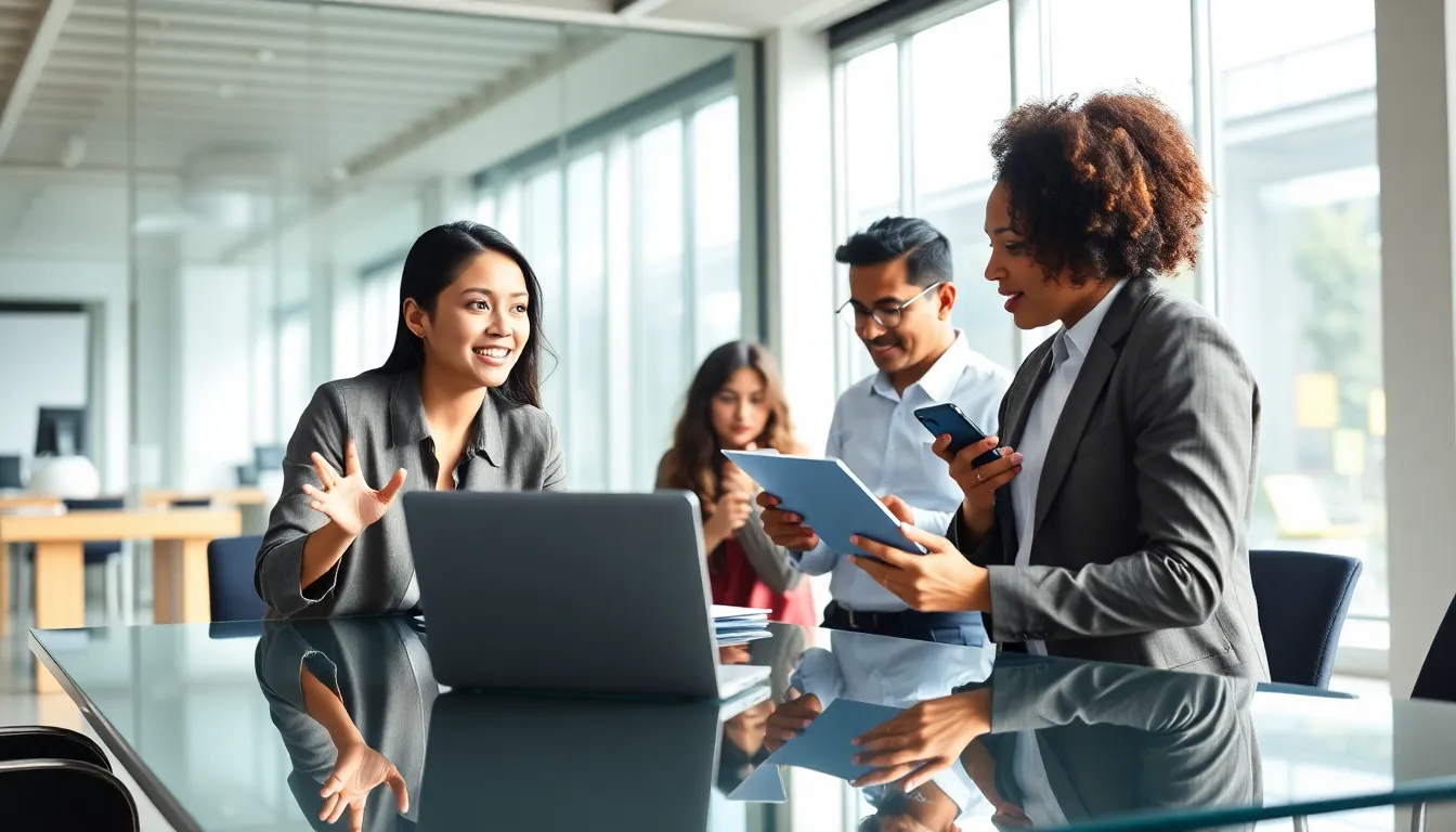 diverse professionals discussing in a modern office setting.