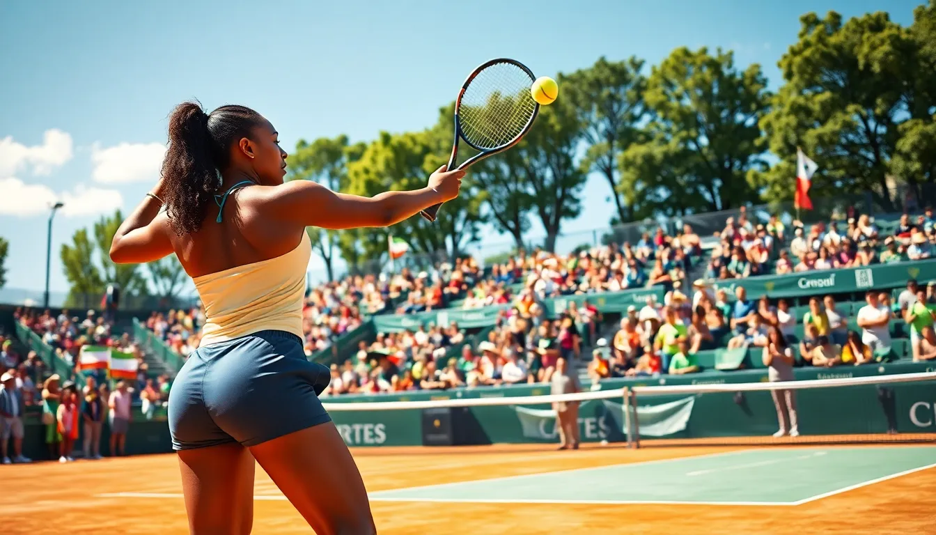 a young female tennis player serving on a sustainable clay court with fans in the background.
