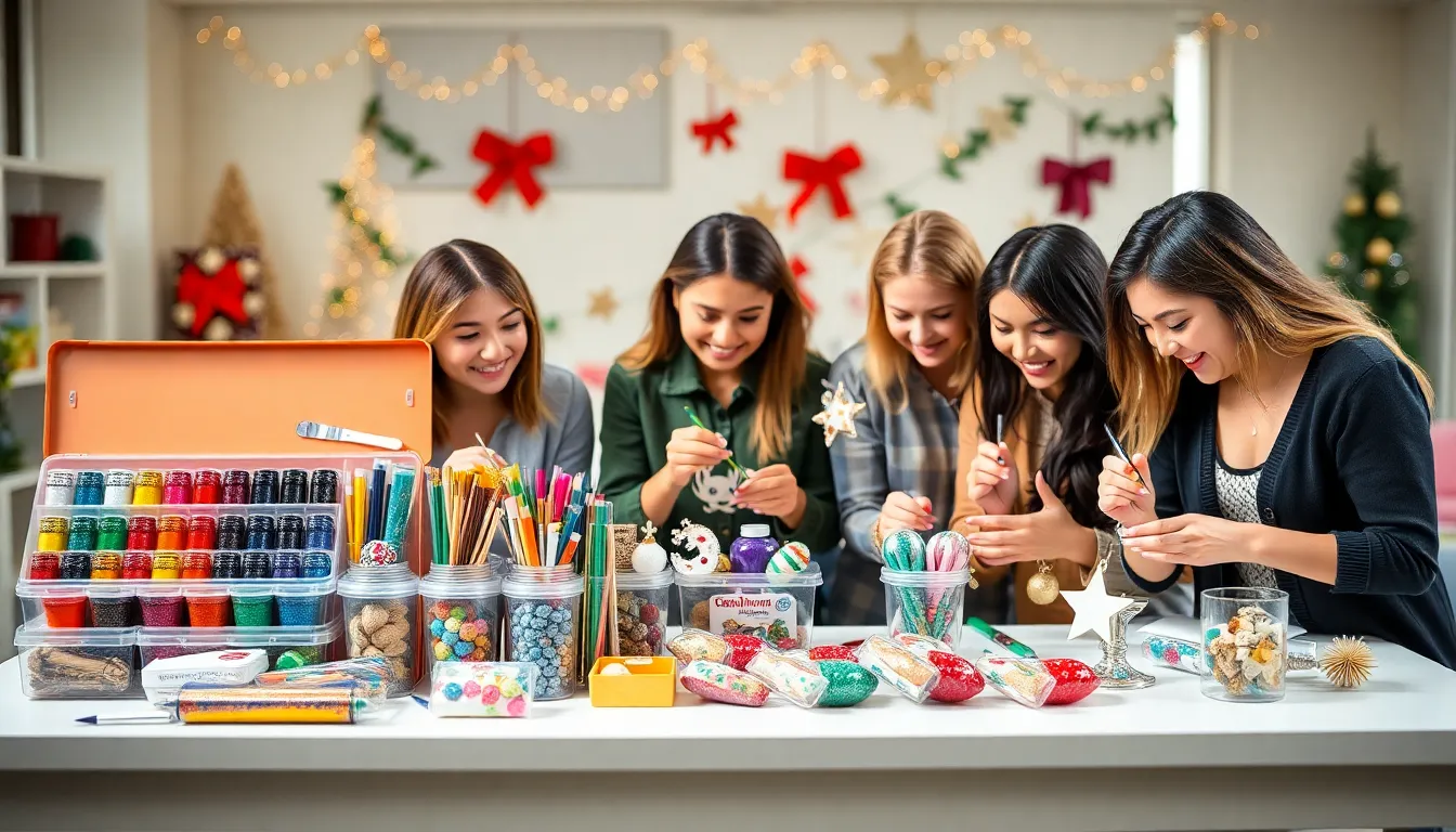 diverse group decorating ornaments in a modern workspace.