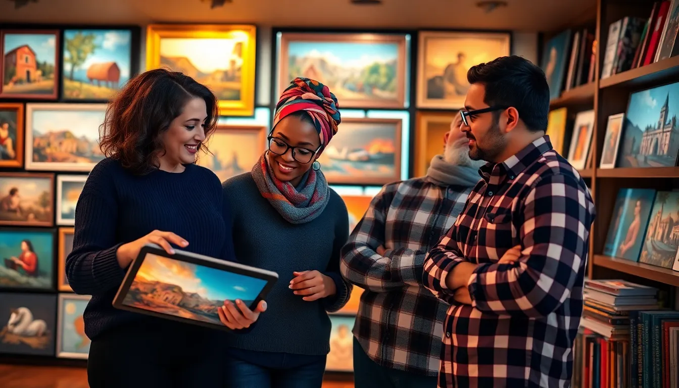 diverse individuals discussing art in a colorful digital workspace.