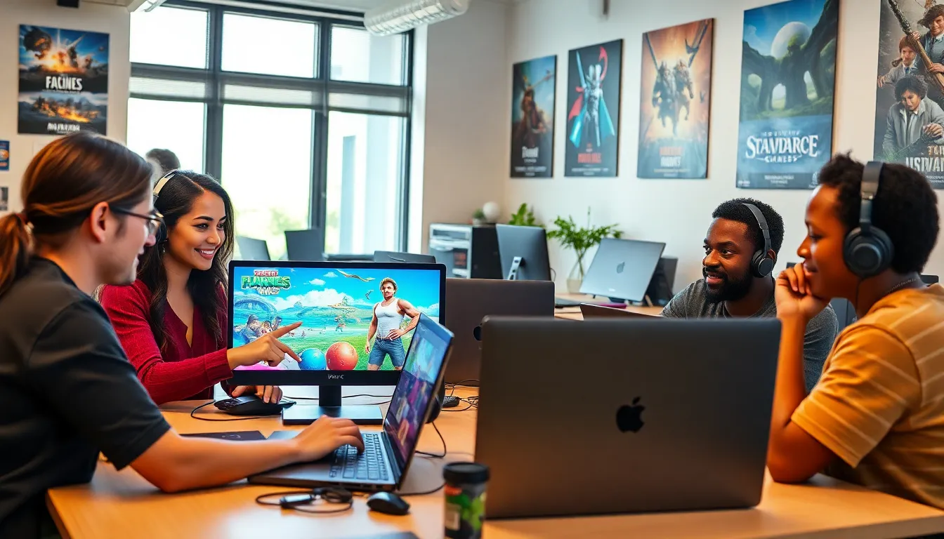 diverse team of game developers collaborating in a modern office.