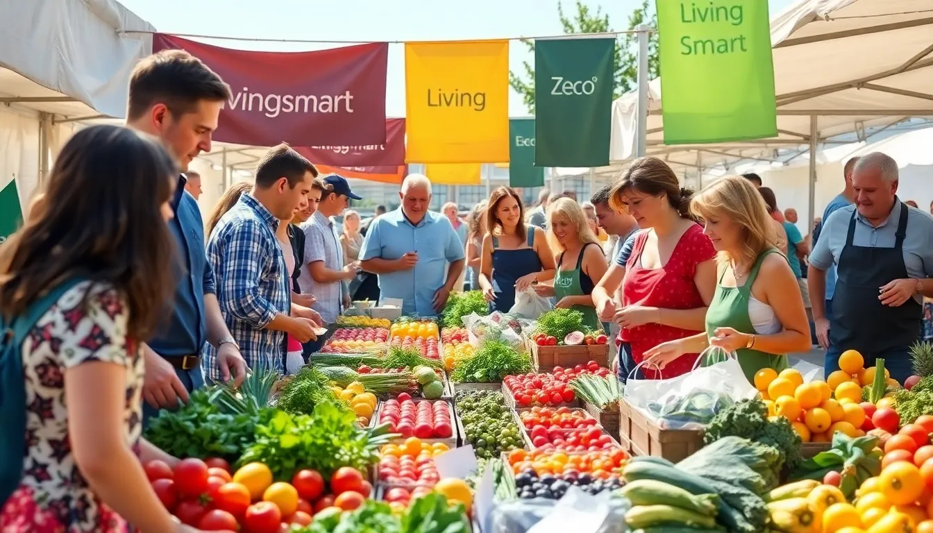 diverse shoppers at a vibrant Living Smart Farmers Market.