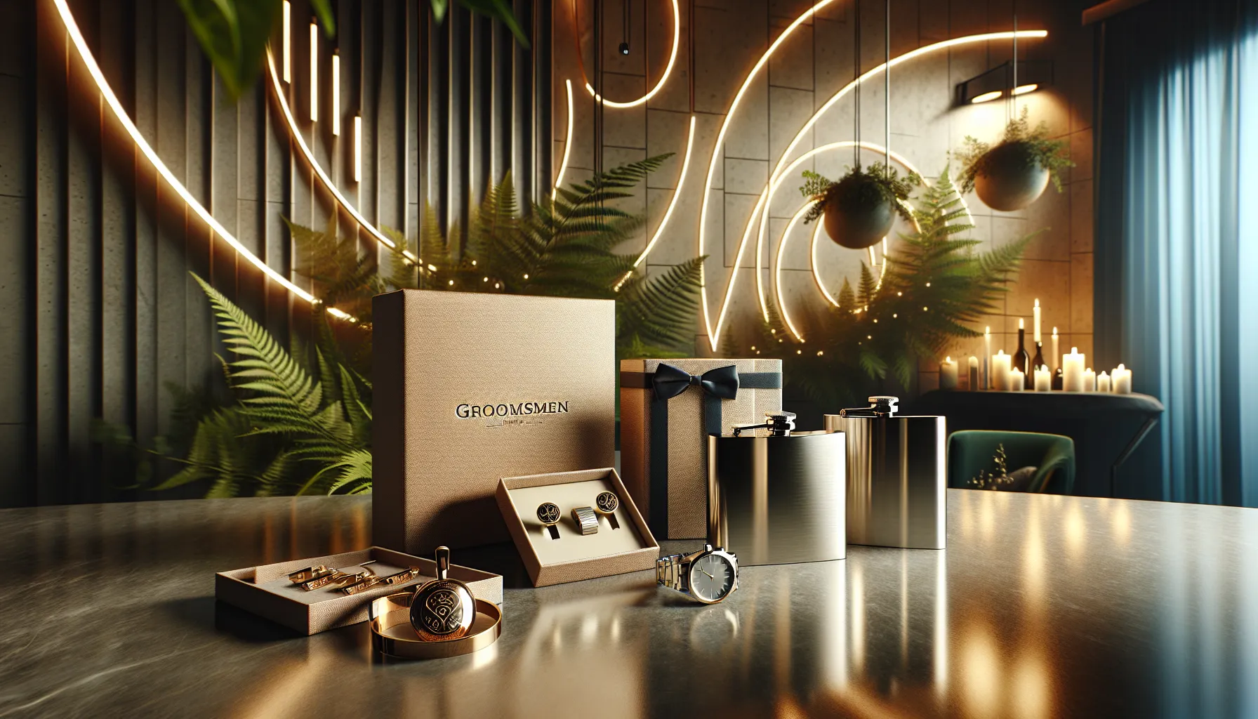 Stylish display of thoughtful groomsmen gifts on a marble countertop.