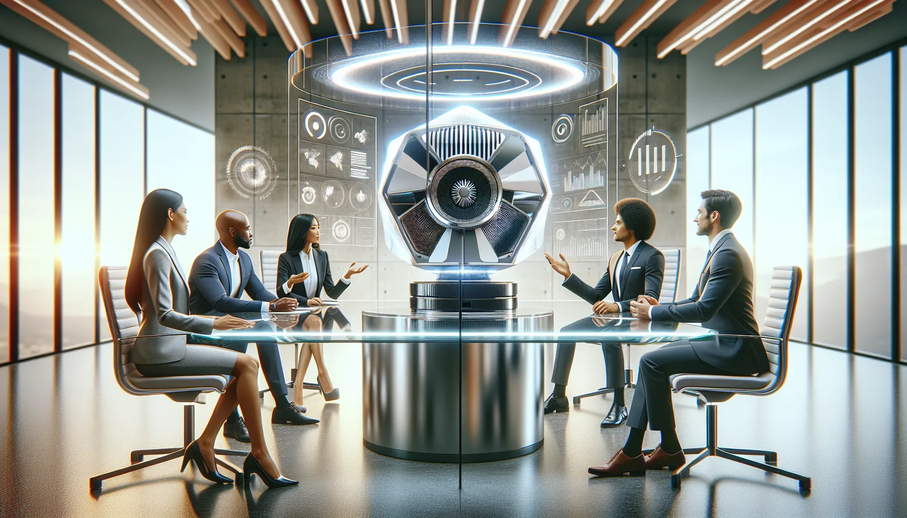 modern technology device with professionals discussing in a sleek office.