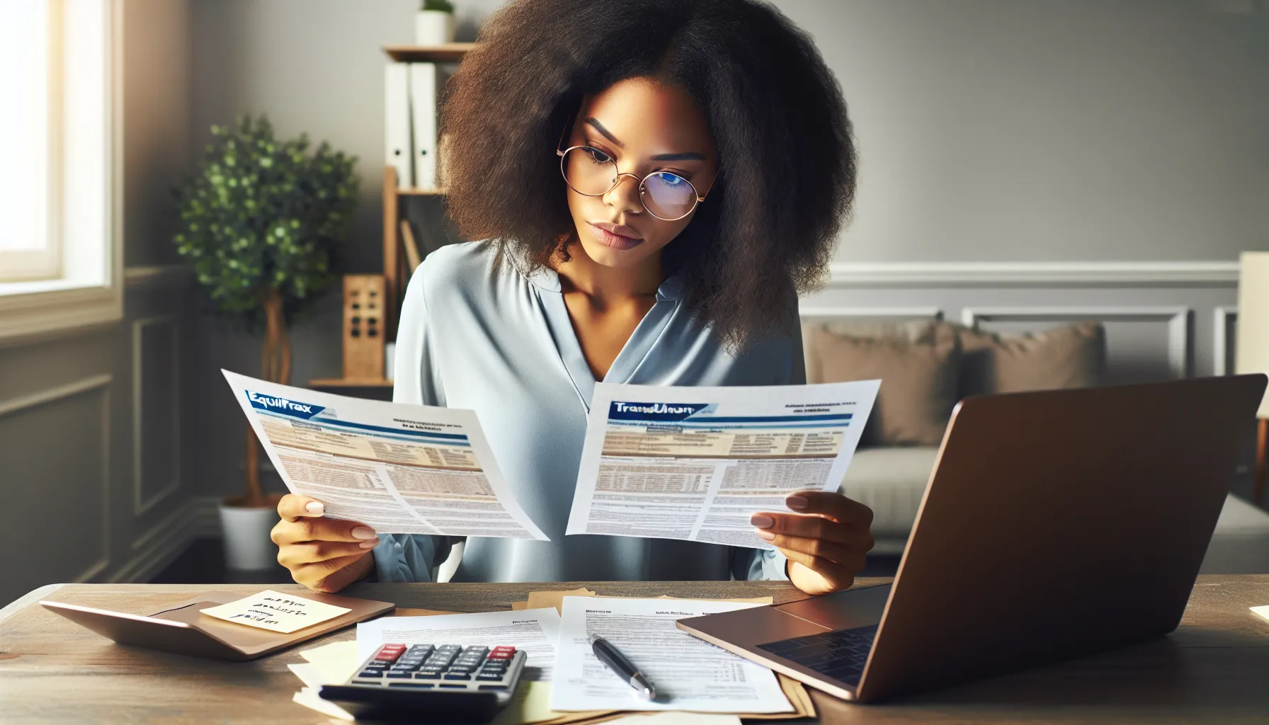 A woman reviewing credit reports from Equifax and TransUnion at her desk.