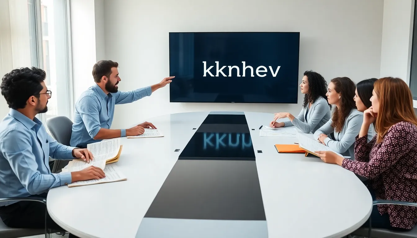 diverse linguists discussing the etymology of gkfnhev in a modern office.
