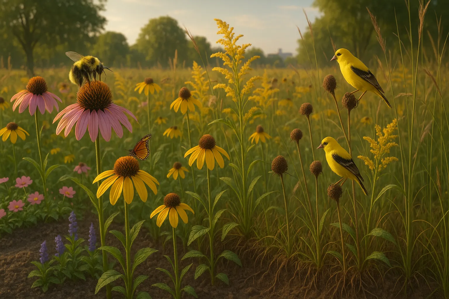 sunlit wildflower meadow with bees, butterflies, and a goldfinch, and a small annual bed