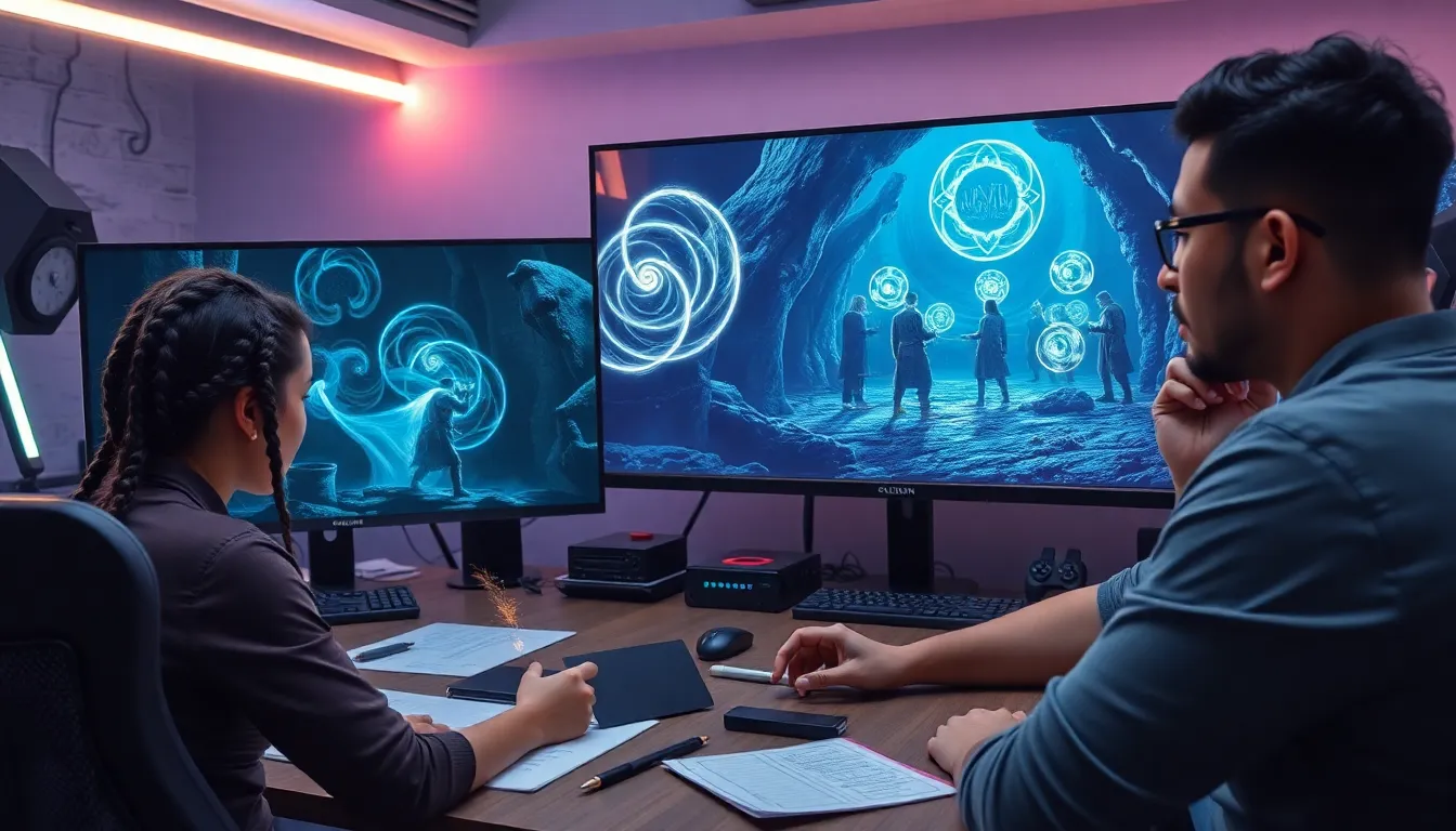 diverse gamers engaging with illusion magic in a modern gaming setup.