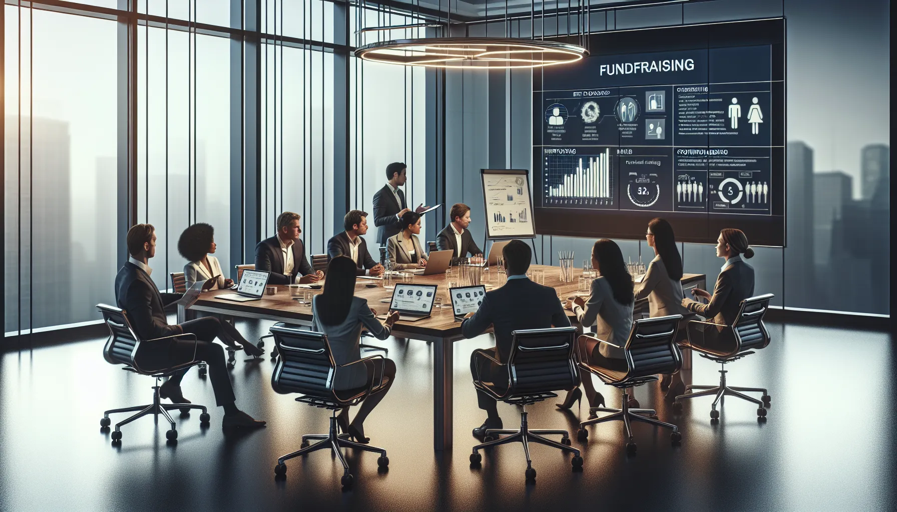 diverse professionals discussing fundraising strategies in a modern conference room.