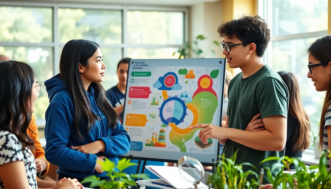 students collaborating on an integrated science project about climate change in a classroom.