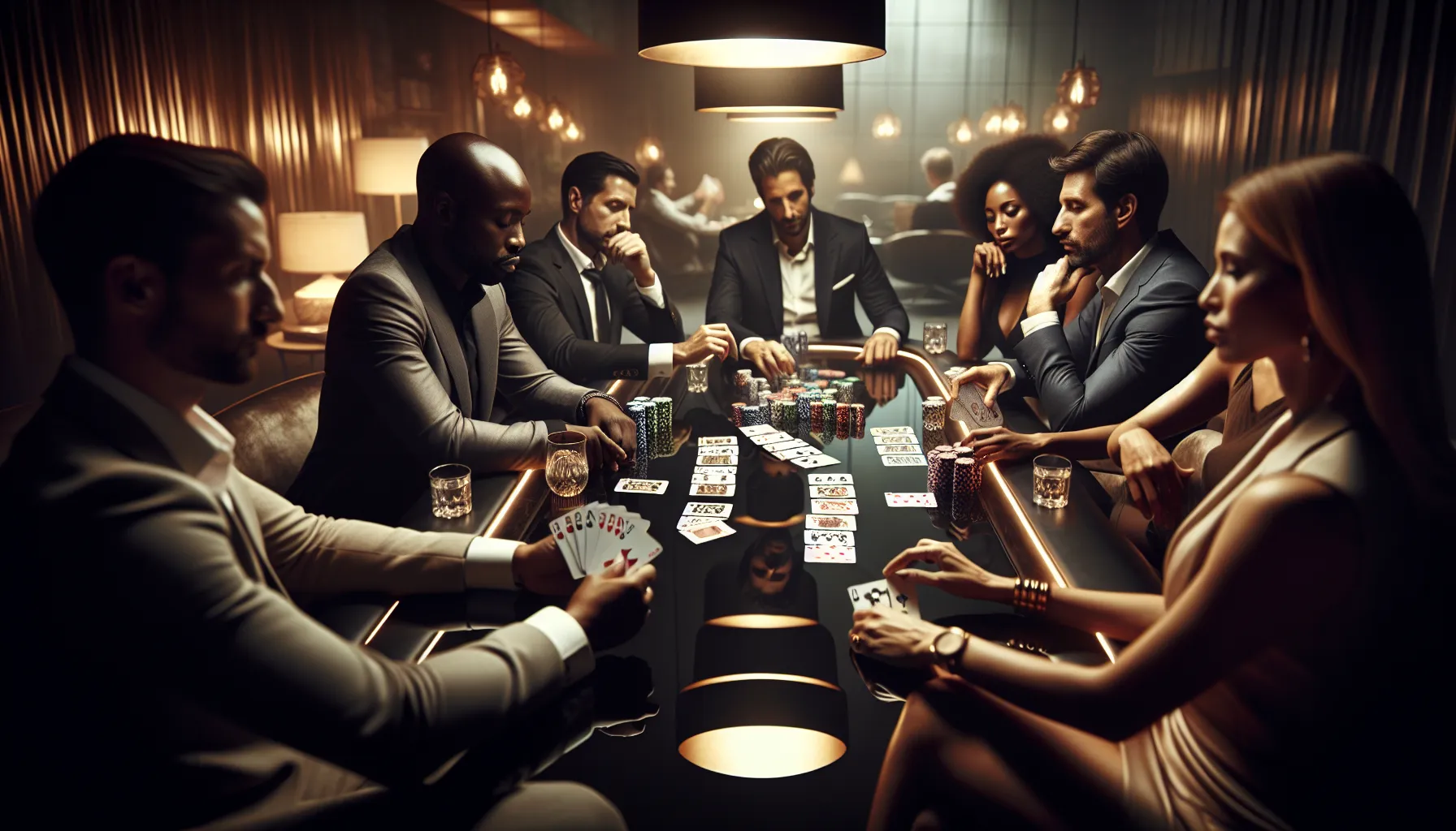 diverse group playing cards at a professional poker table.