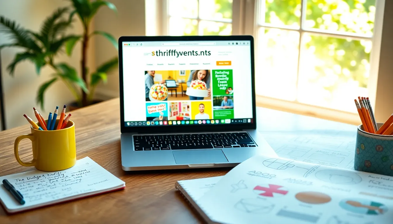 A vibrant workspace with a laptop open to ThriftyEvents.net for budget event planning.
