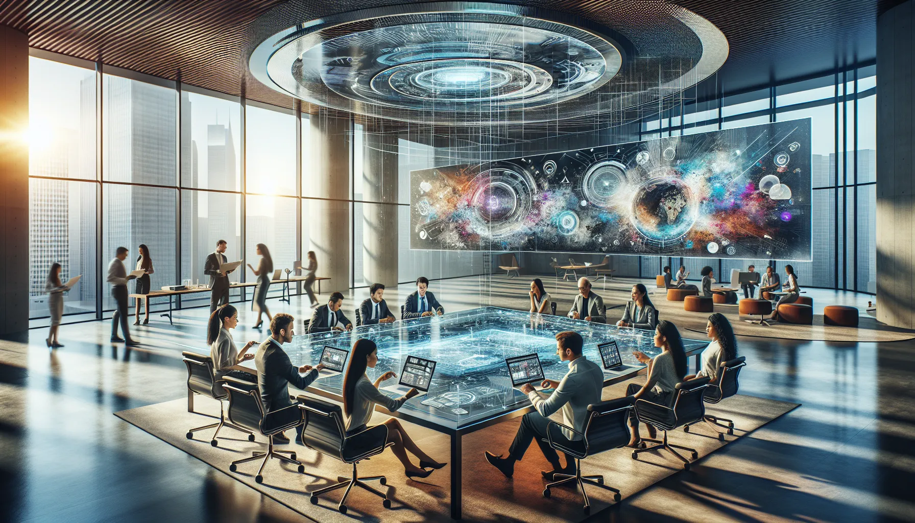 diverse team discussing Nicgerakios in a modern office.