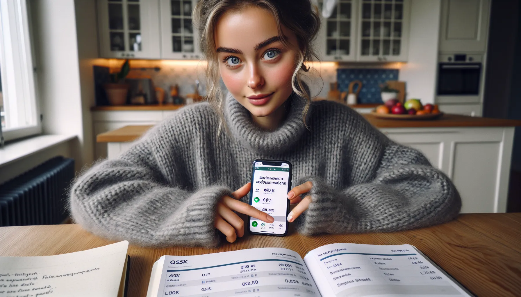 Norwegian woman sets automated ask microinvestments on phone, goals notebook nearby.