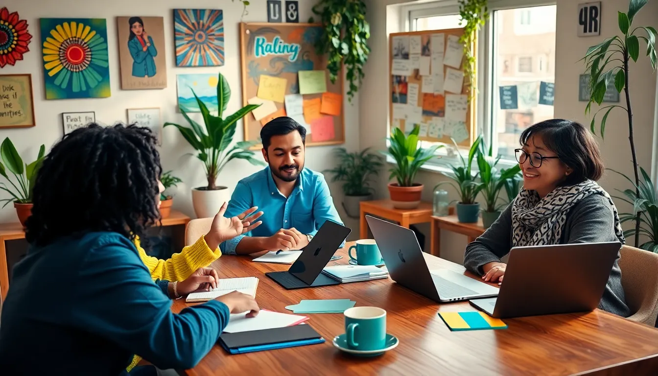 a diverse group brainstorming in a sunlit, creative workspace.