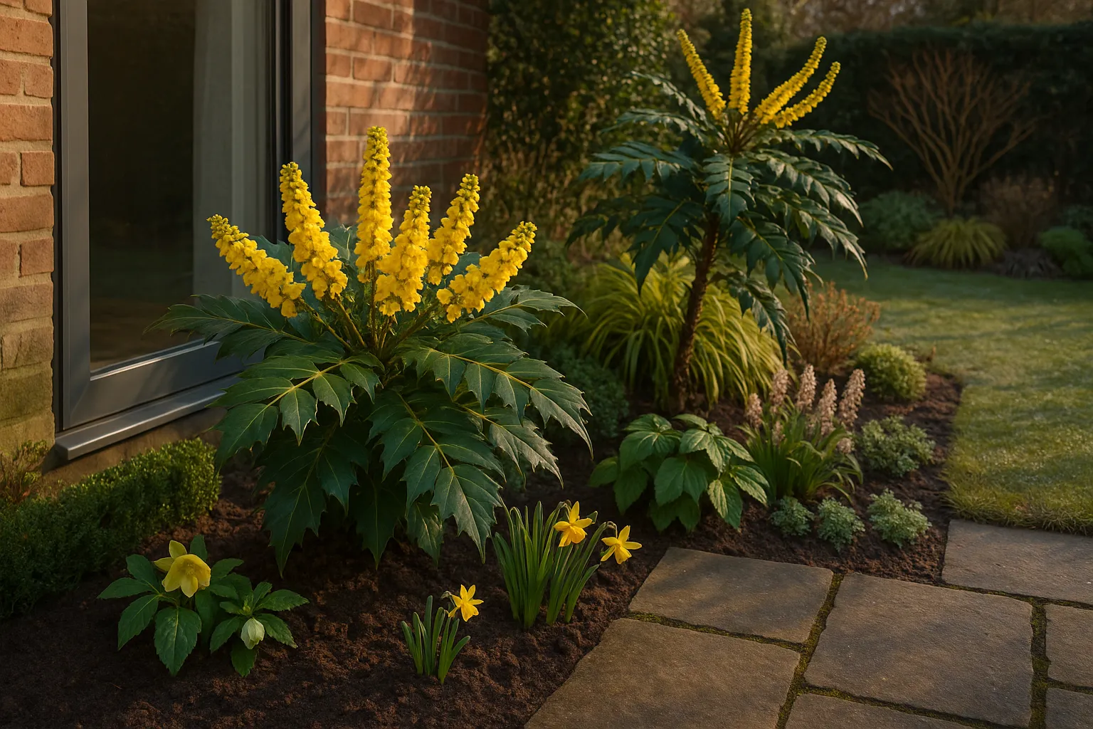 Compact Mahonia 'Winter Sun' by patio, taller Mahonia 'Charity' behind in garden
