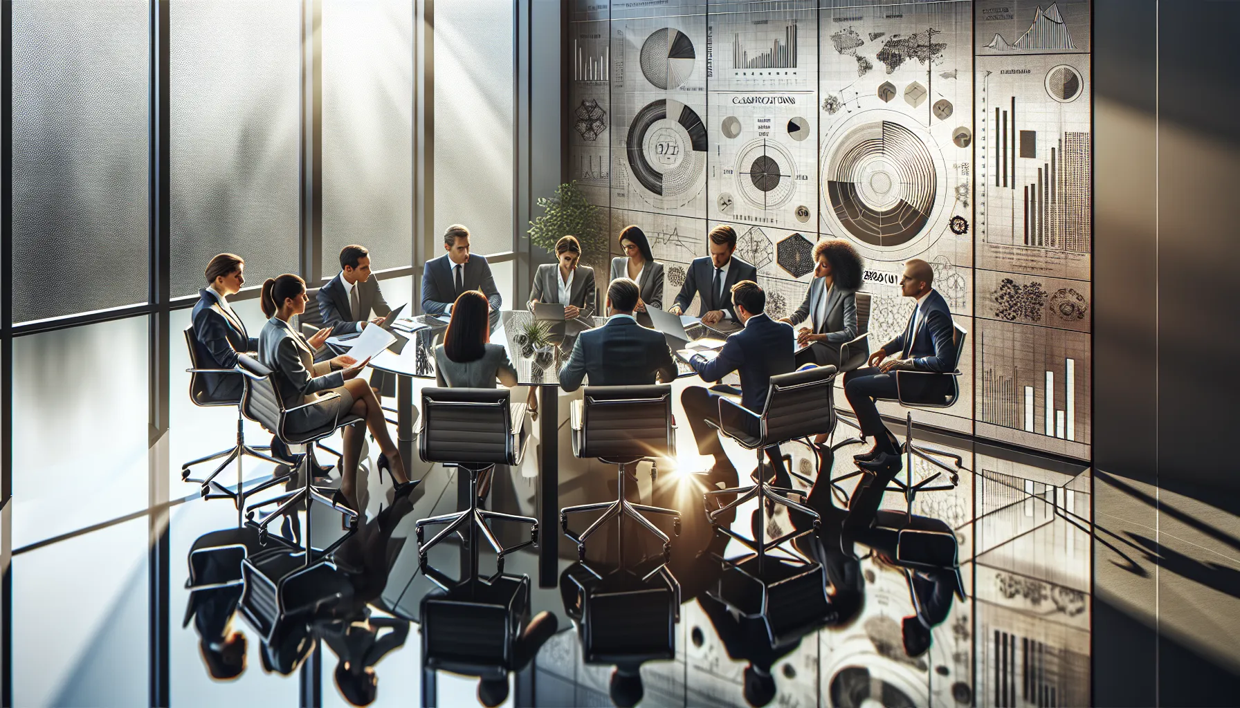 professionals discussing data in a modern conference room.