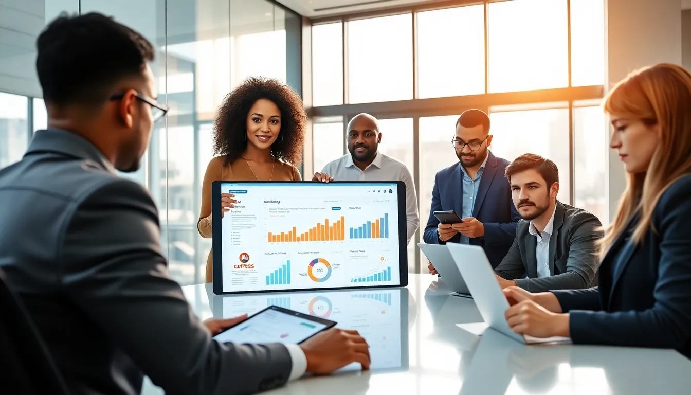 diverse team in a modern conference room analyzing social media data.
