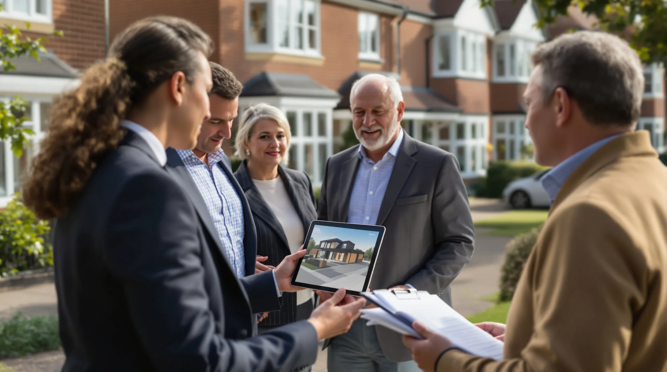 Architect and neighbours discussing planning proposal with 3D visuals in UK residential setting.
