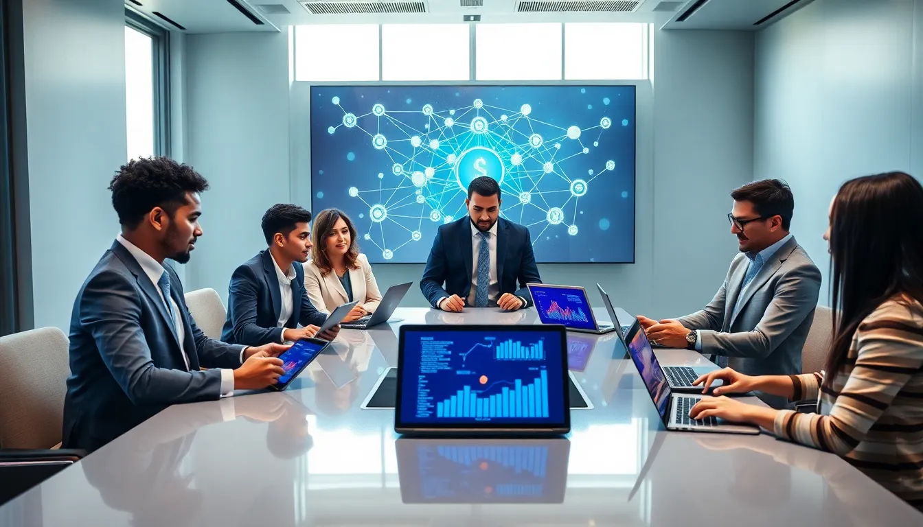diverse professionals collaborating on blockchain technology in a modern office.