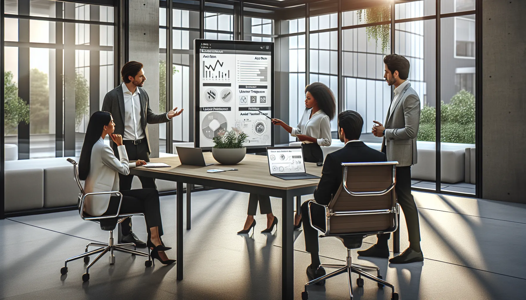 diverse team collaborating on MeetShaxs software in a modern office.