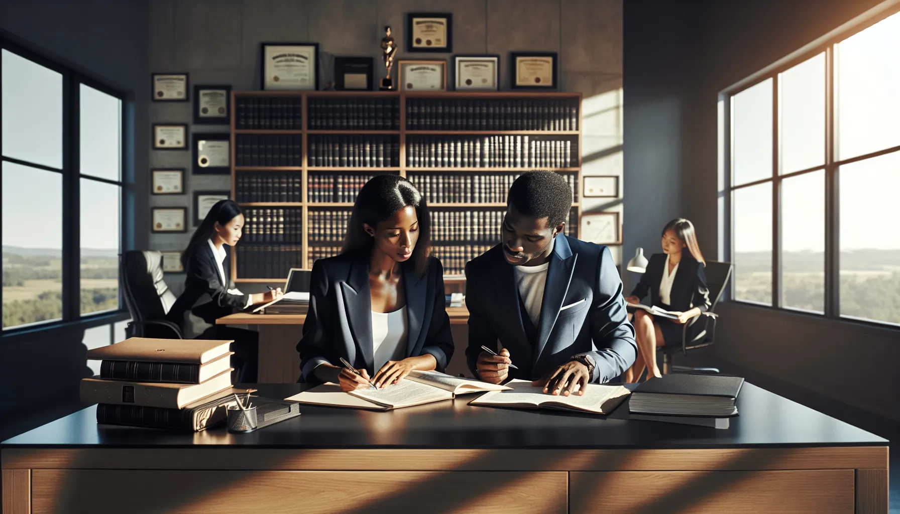 Croatian couple consulting with lawyer about domestic partnership documentation in modern office