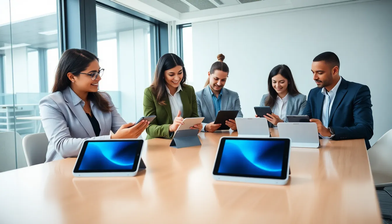professionals using Samsung Galaxy tablets in a modern office.