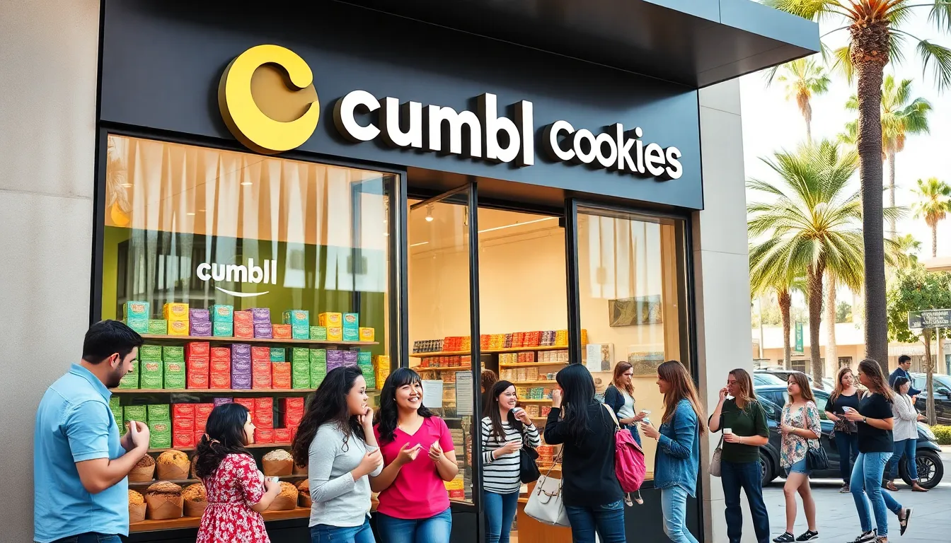 Crumbl Cookies storefront in San Jose with diverse community enjoying cookies.
