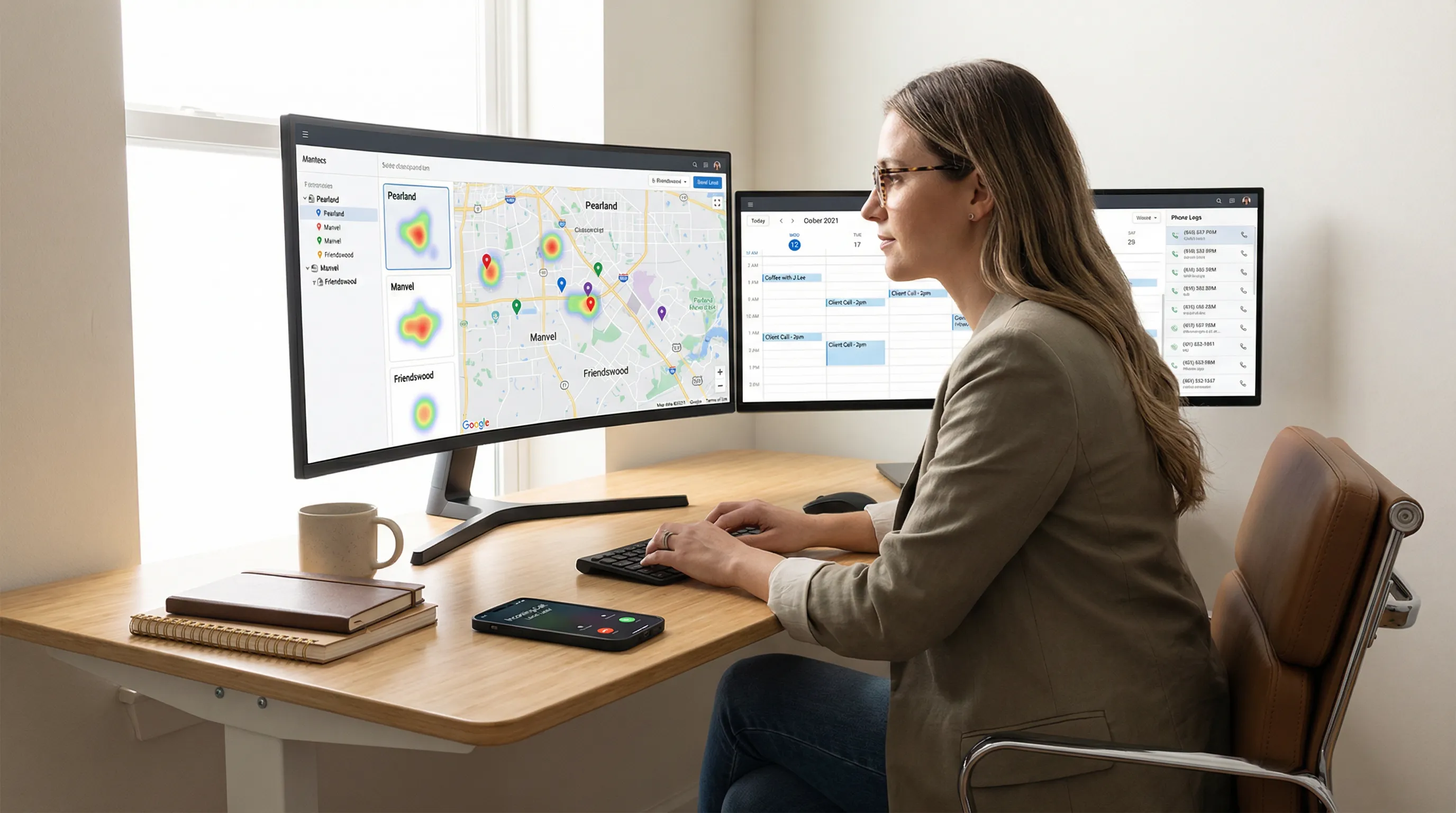 Professional reviewing a digital map of Pearland and appointment data at a modern desk, representing targeted ads for high-intent local buyers.