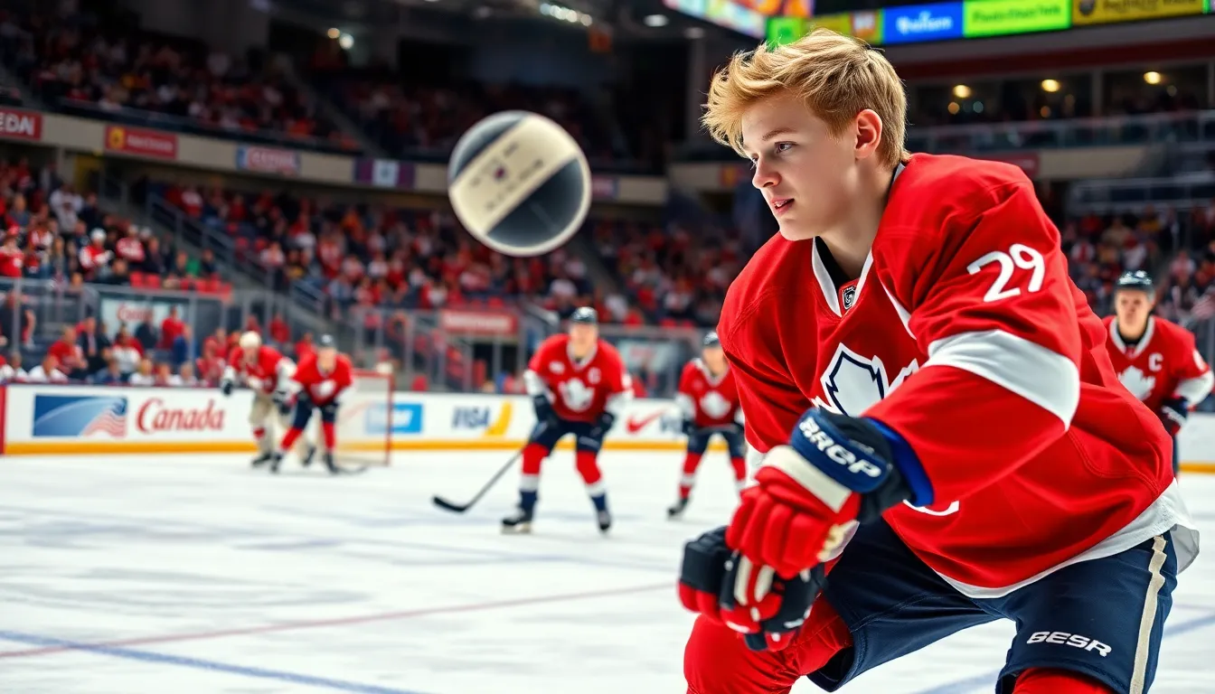 Kaapo Kakko and Alexis Lafrenière practicing hockey in bright arena.