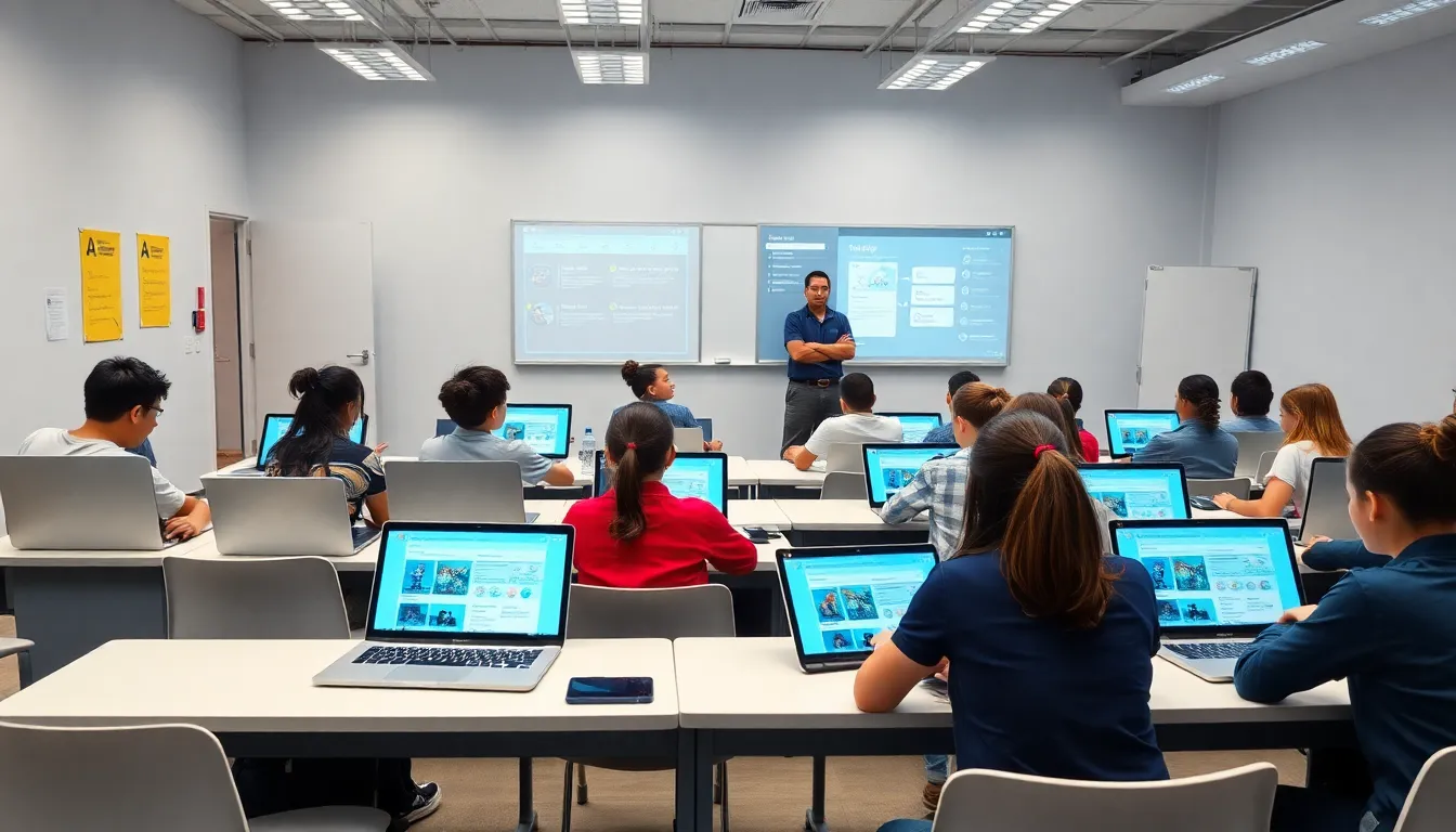 diverse students using technology for personalized learning in a modern classroom.